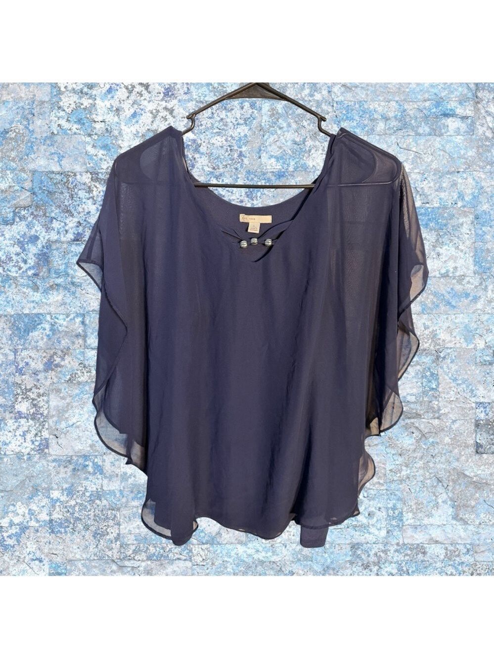Cato Deep Blue Sheer Cape-Sleeve Blouse with Decorative Accents size L